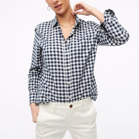 J. Crew Shirt Navy White Plaid “The Perfect Shirt” Boy‎ Fit PXS - Picture 1 of 7